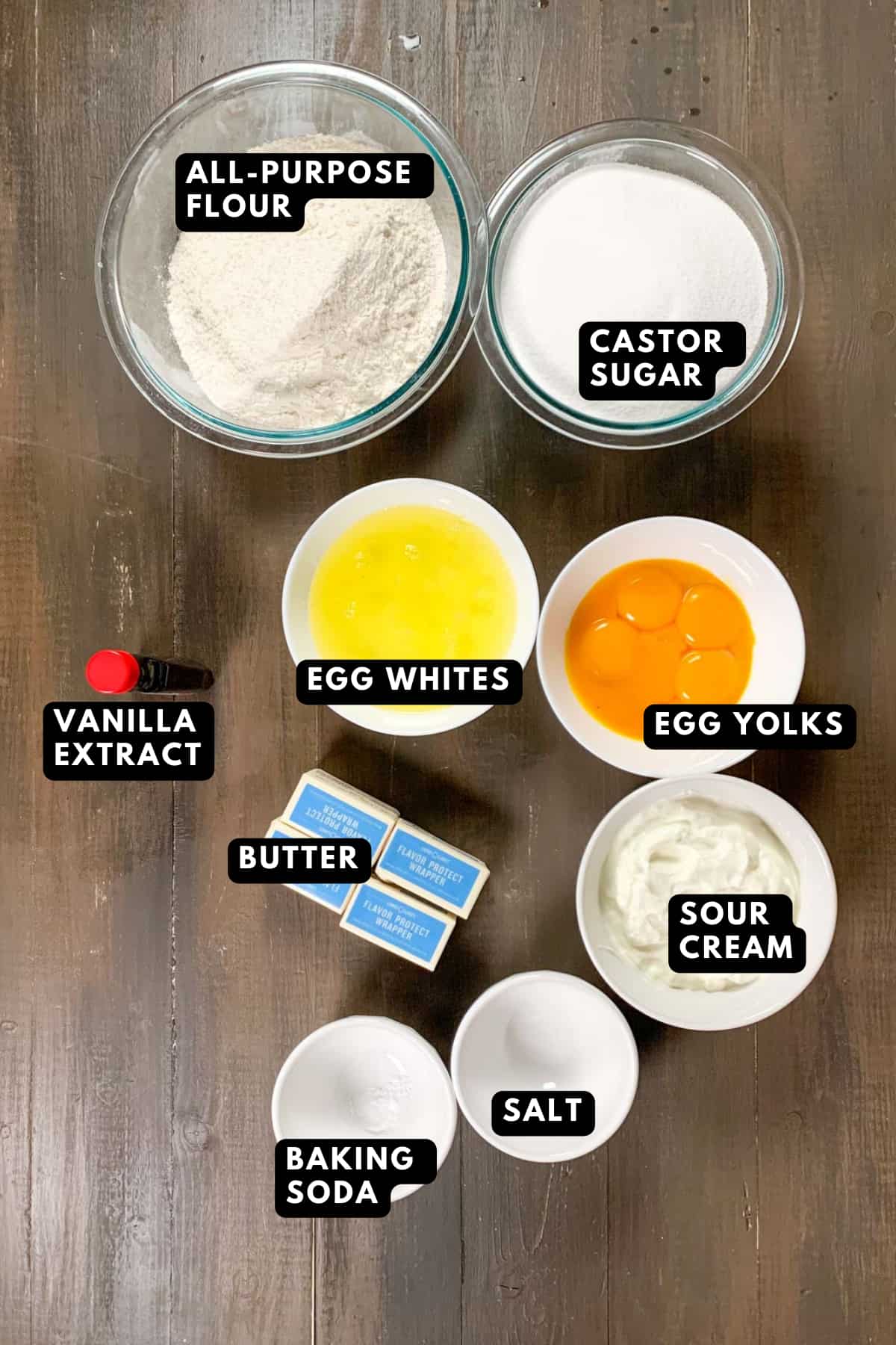 Ingredients for old fashioned sour cream pound cake.