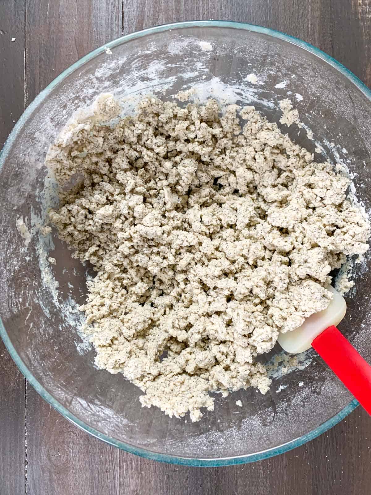 the texture of the dough will be crumbly before working it in a dough.