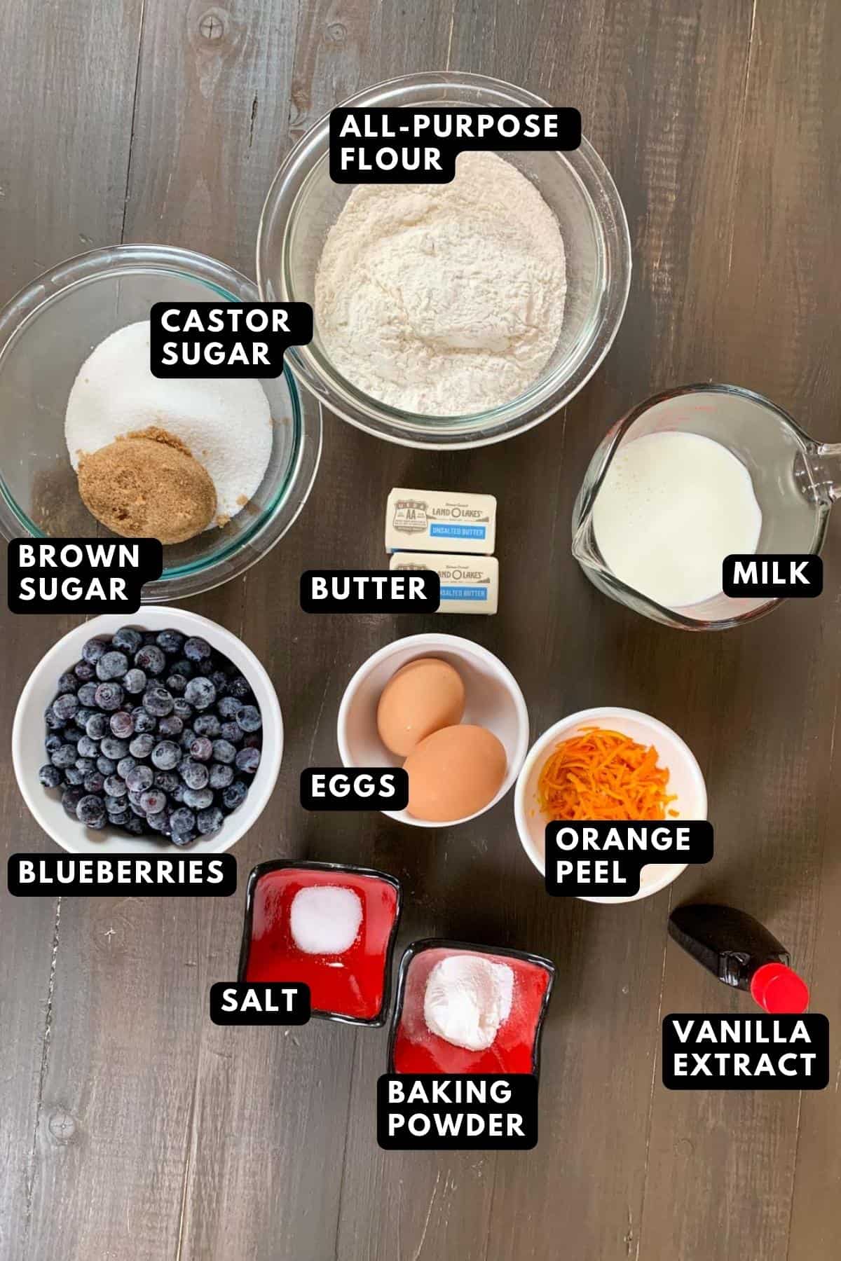 overhead shot of ingredients for old-fashioned blueberry muffins.