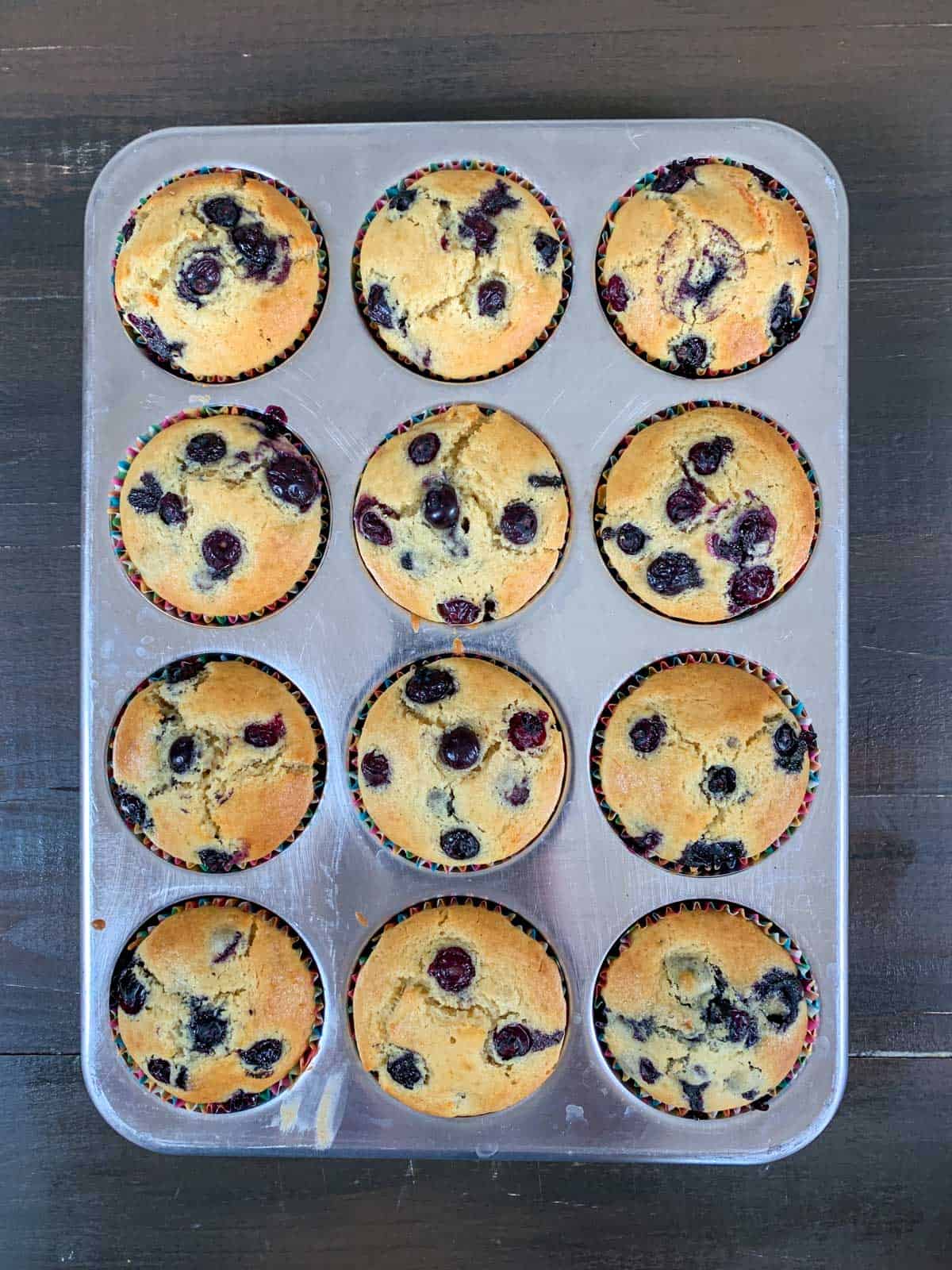 baked old-fashioned blueberry muffins in the muffin tray.