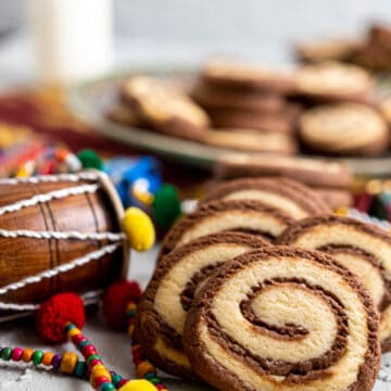 close shot of the pinwheel cookies showing the chocolate and vanilla swirls.