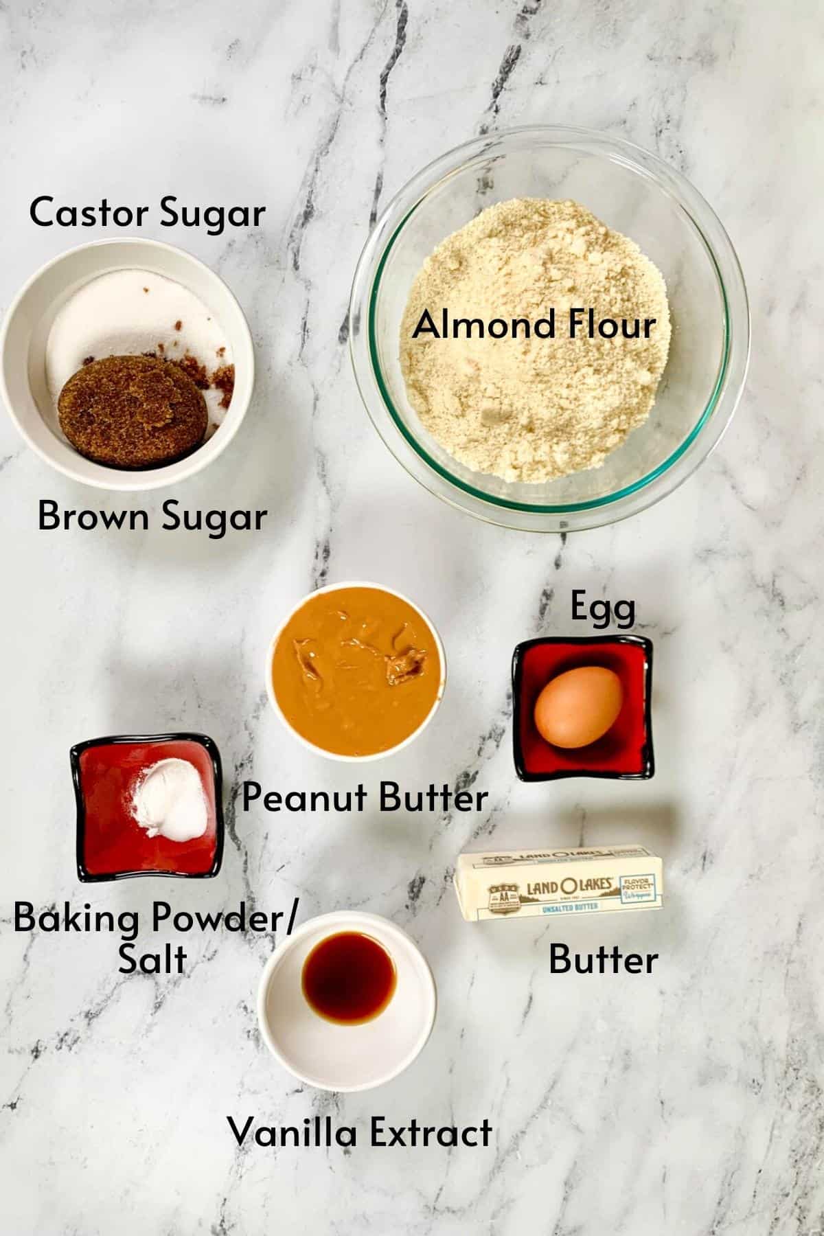 Ingredients list for almond flour peanut butter cookies.