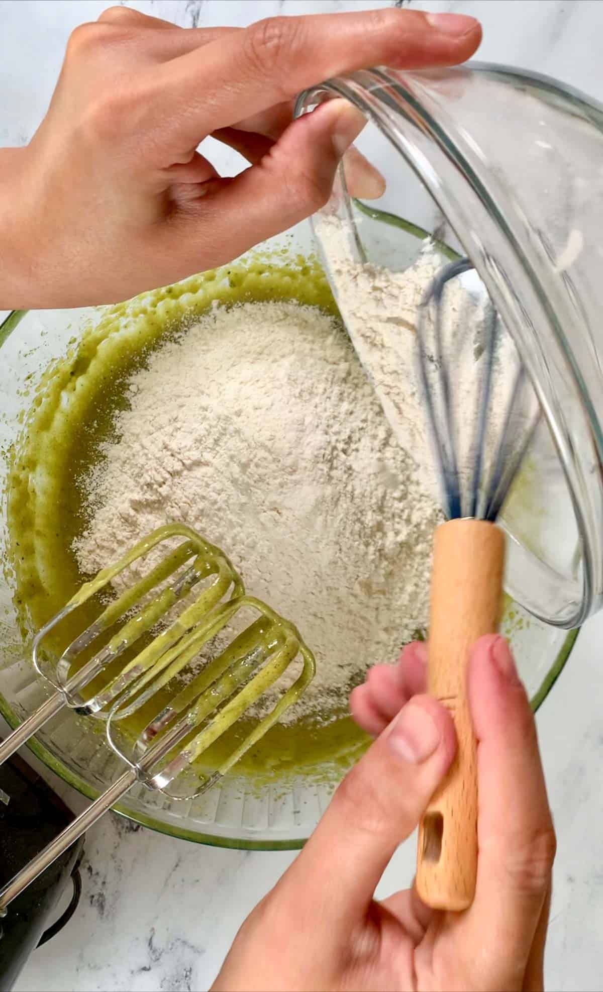 adding in the all-purpose flour in the wet ingredients for matcha cookies. 
