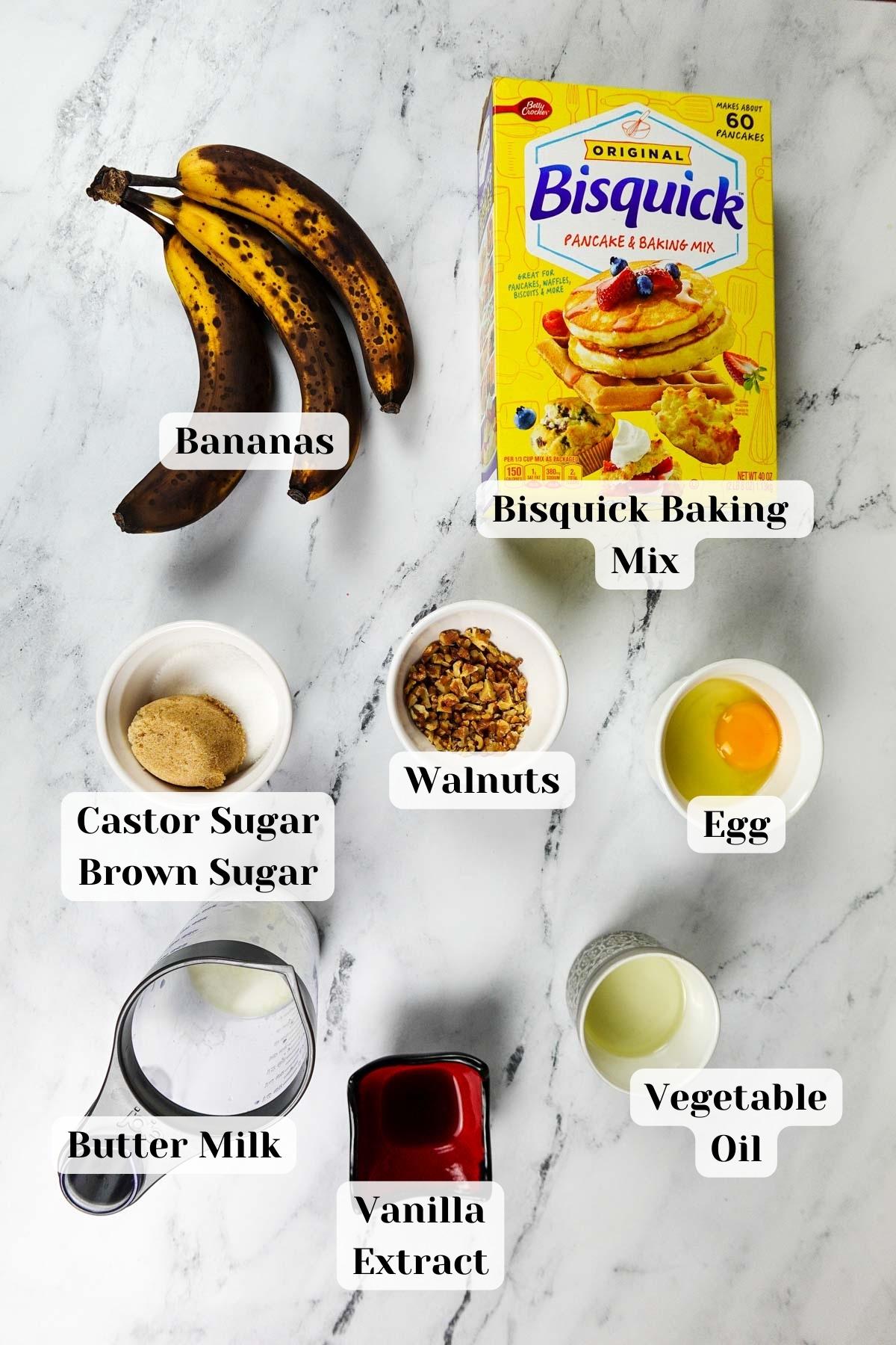 overhead shot of ingredients for bisquick banana muffins.