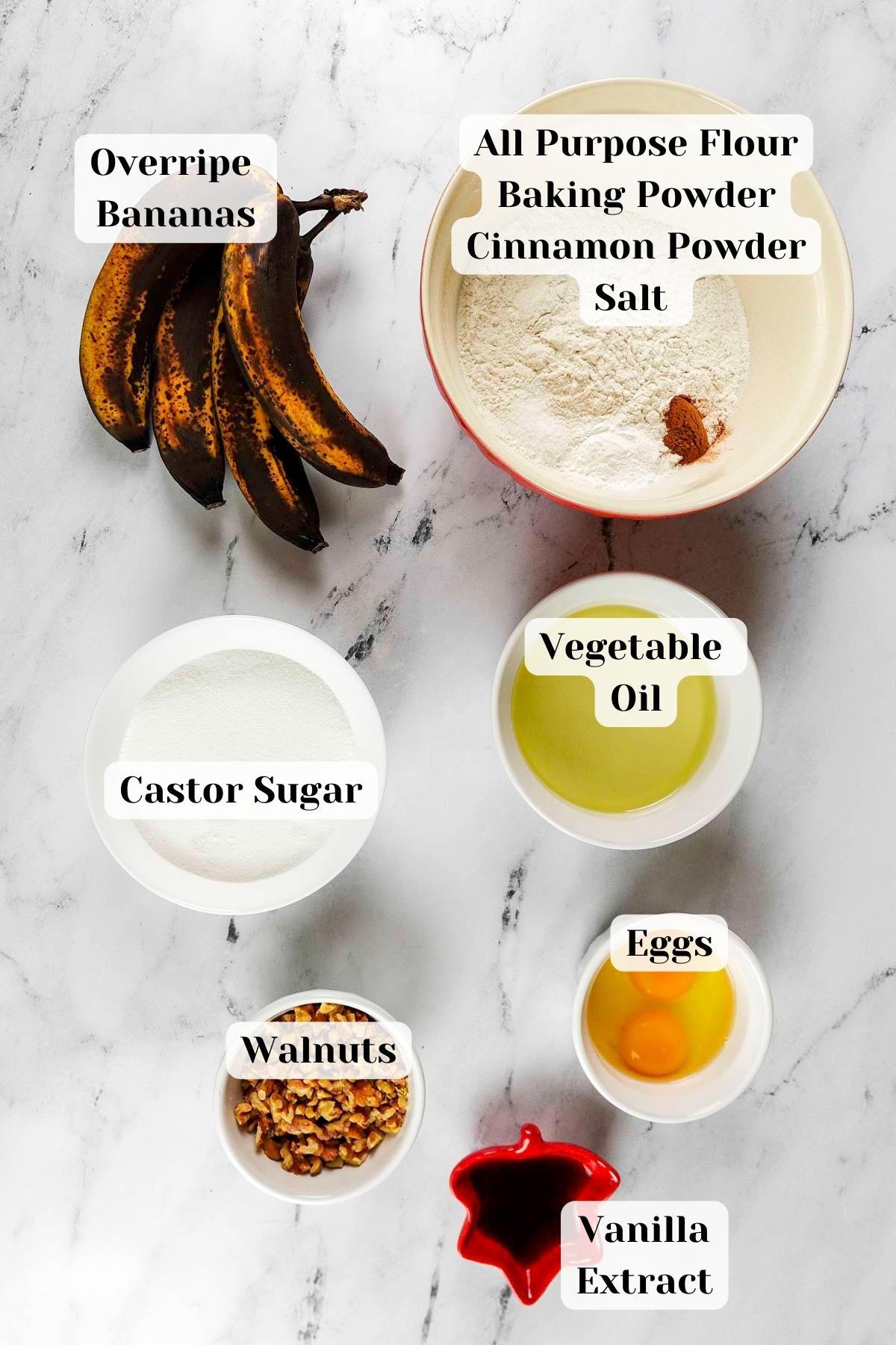 ingredients placed over a marble slab for banana bread without baking soda.
