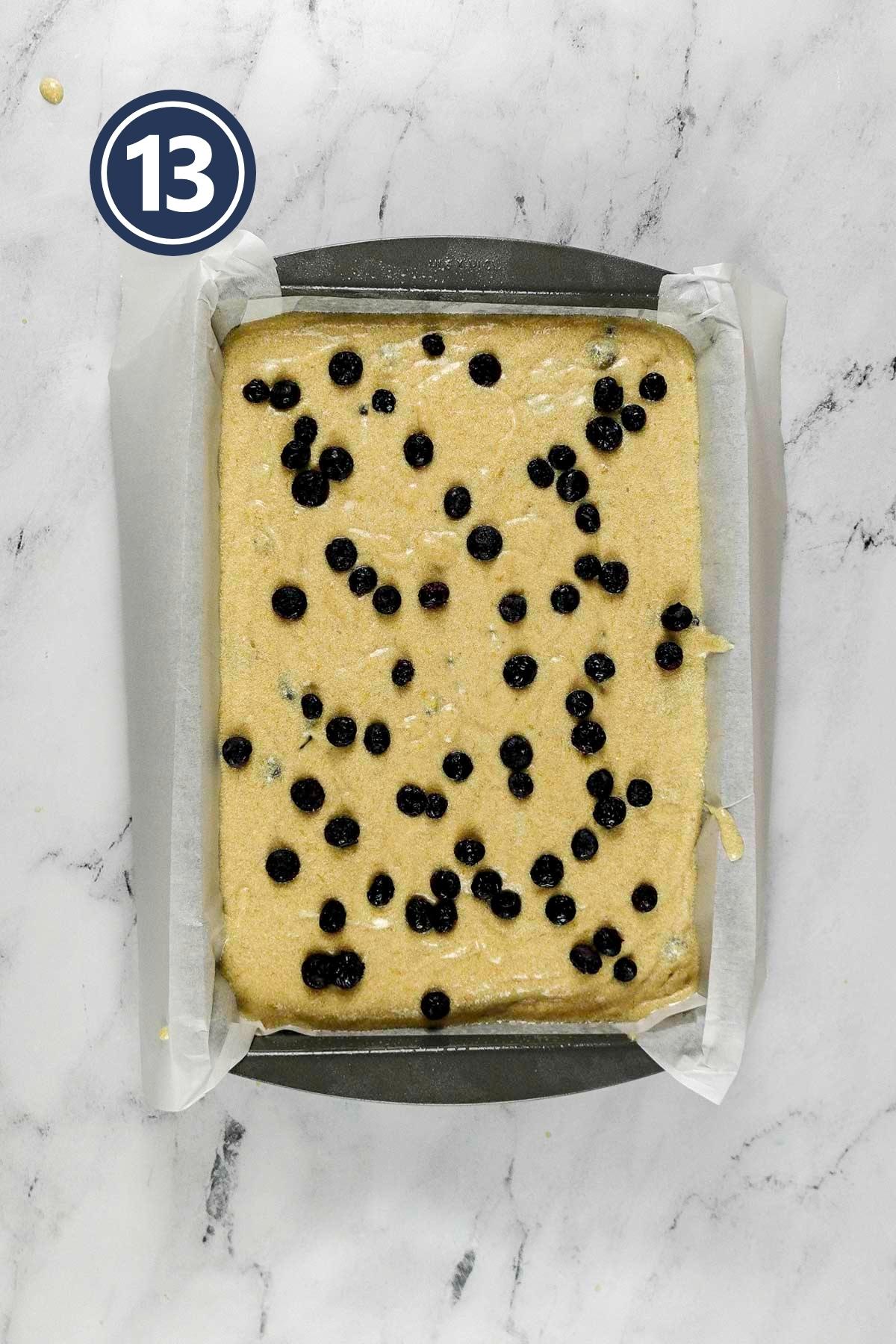 the cake batter sprinkled with blueberries on the top.