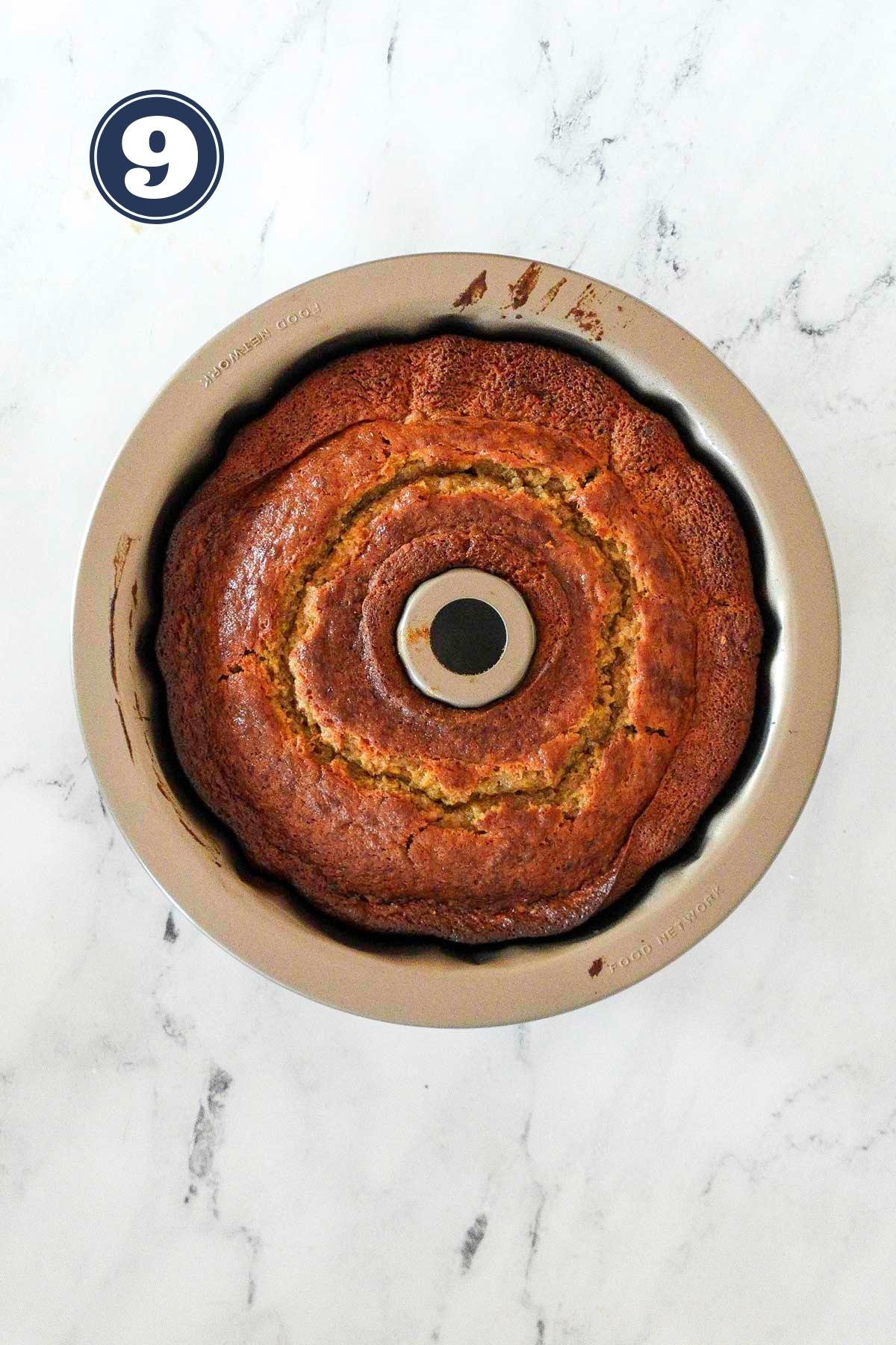 banana chocolate chip bundt cake out of the oven in the pan.