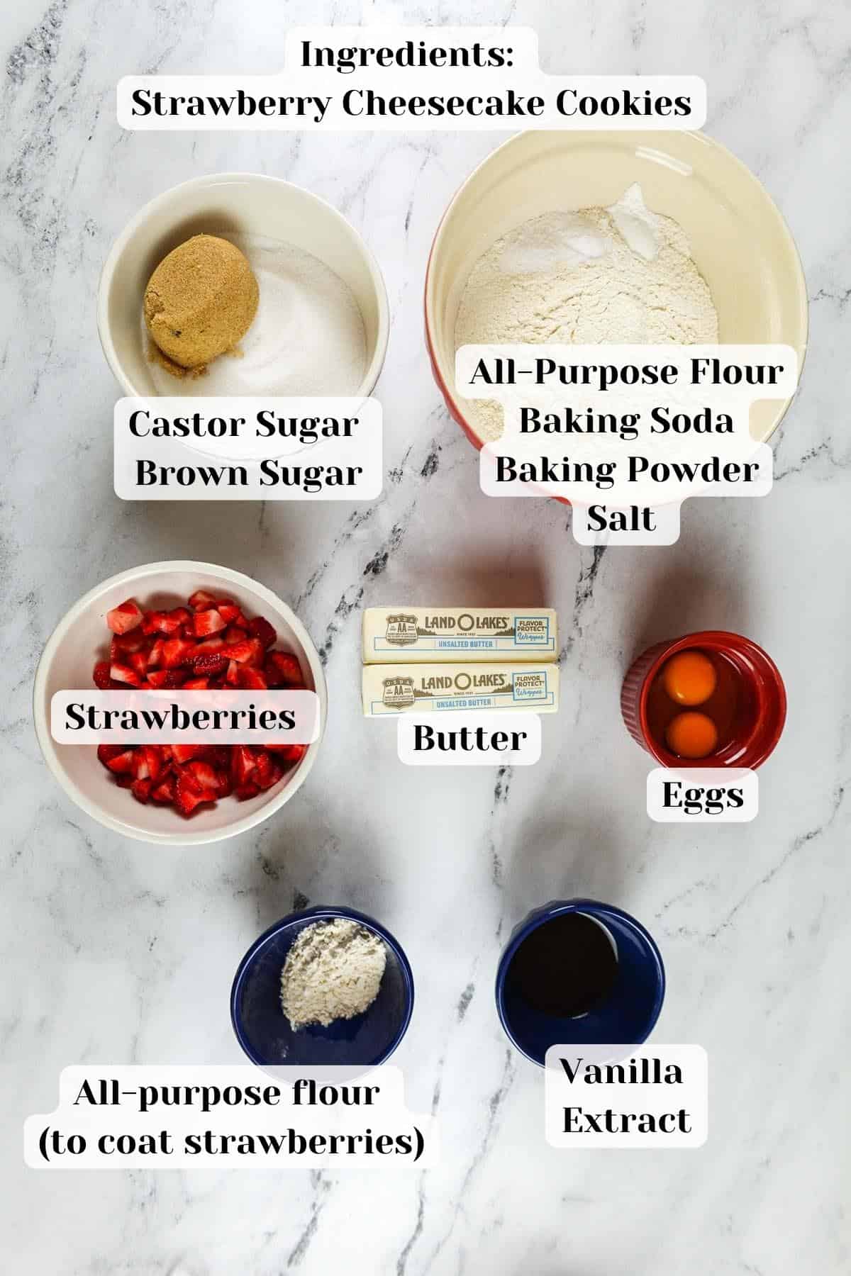 ingredients for strawberry cheesecake cookies placed on the table.