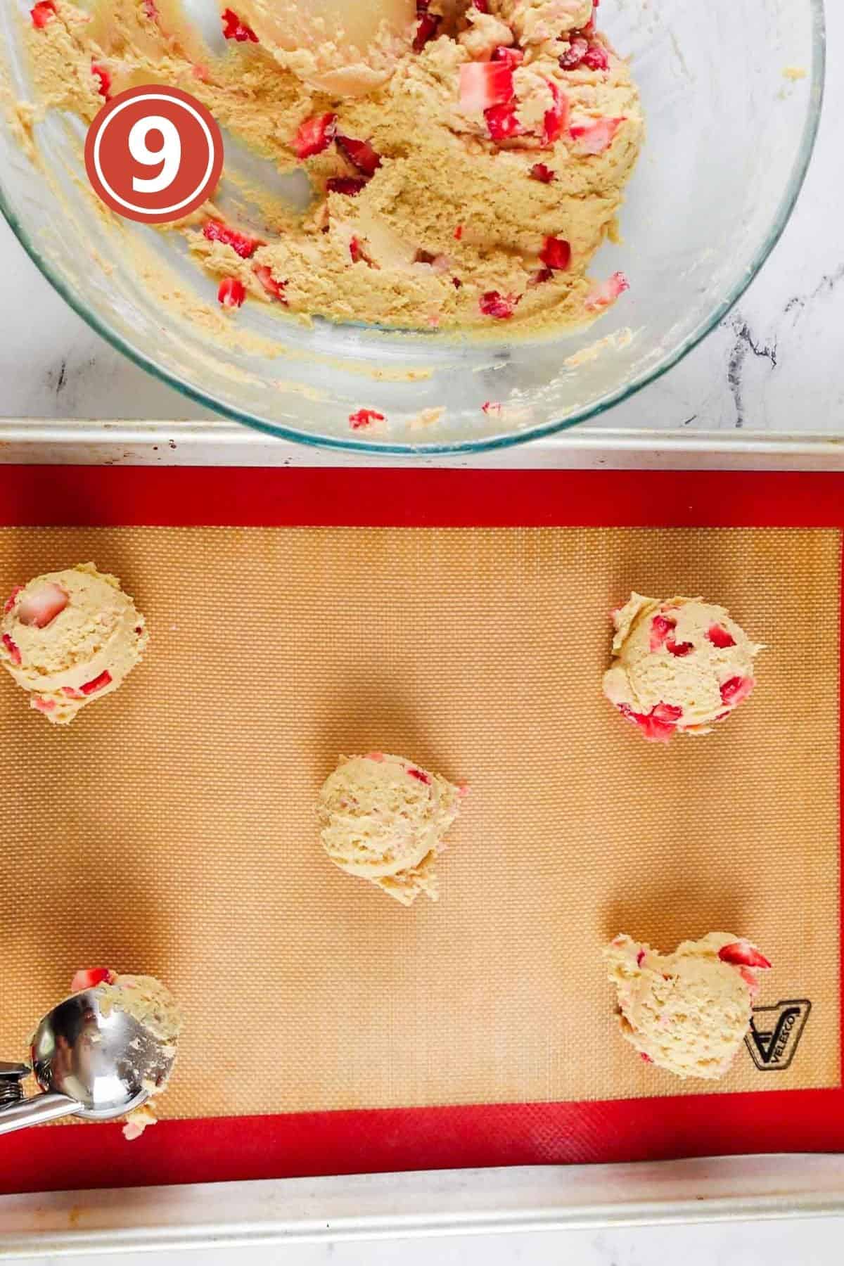 using an ice cream scoop, scoop out the cookies on the baking tray.