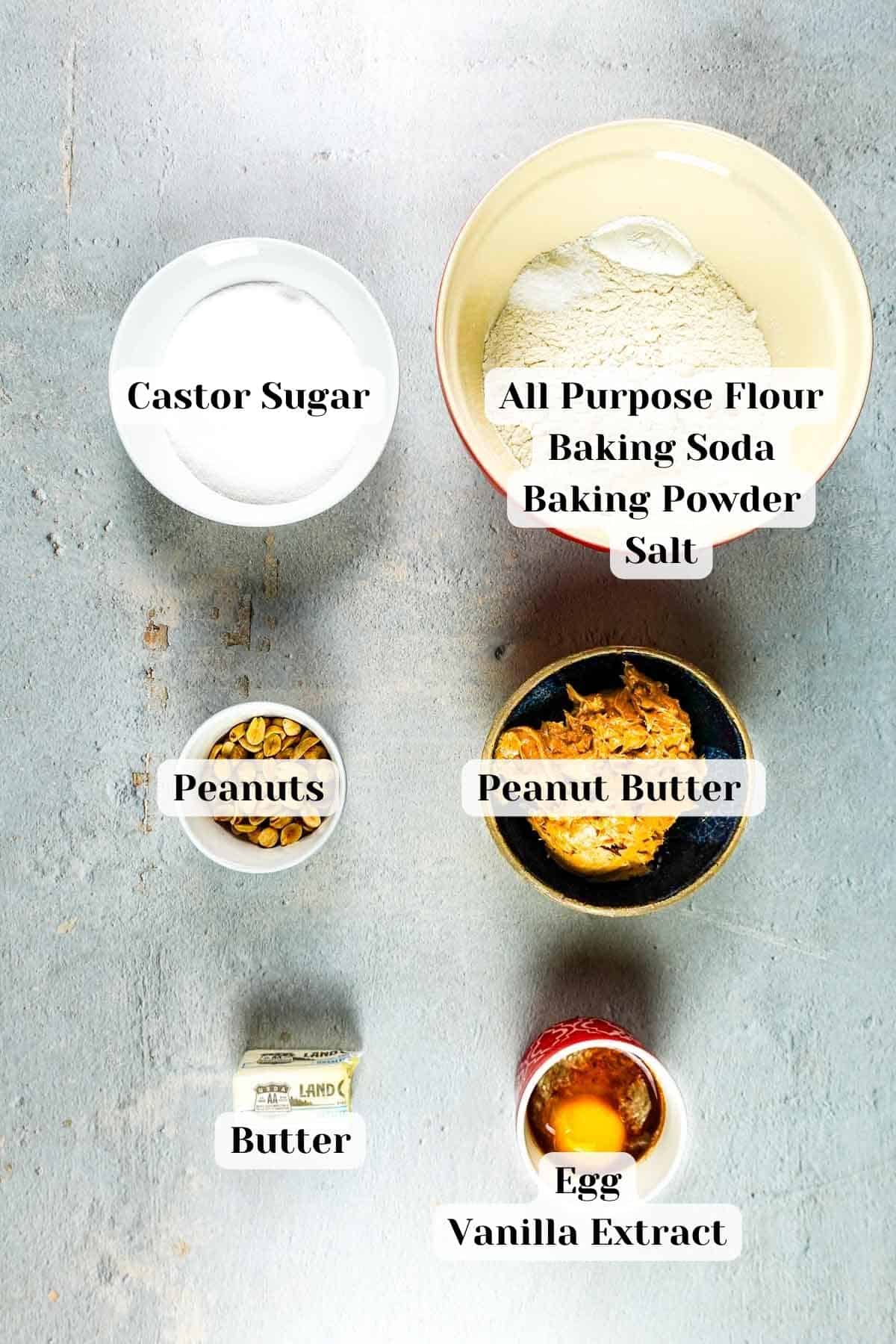 ingredients for peanut butter bread set on a table.