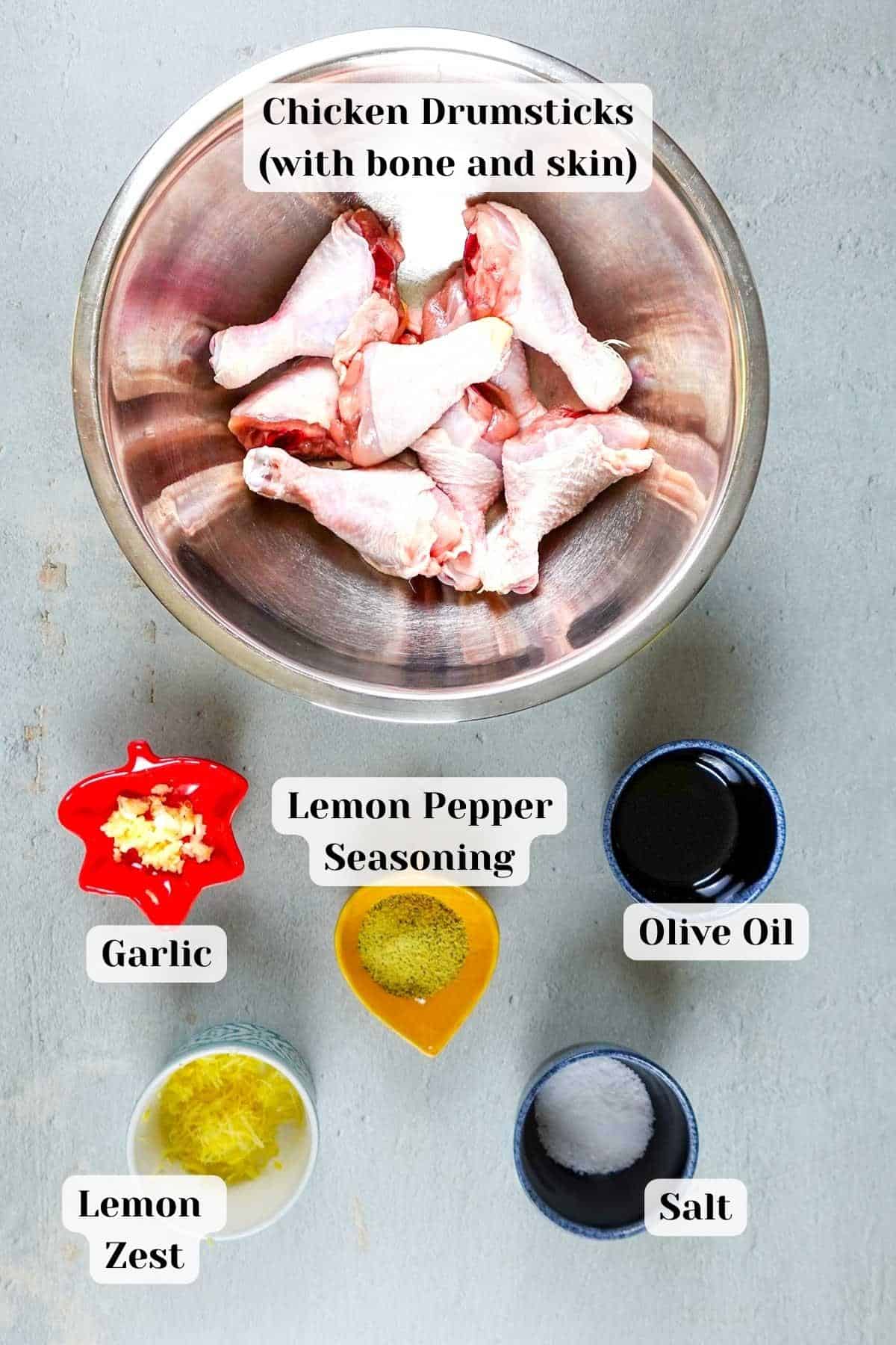 Ingredients for lemon pepper drumsticks on the table.