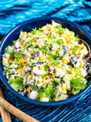 tuna corn salad in blue plate.