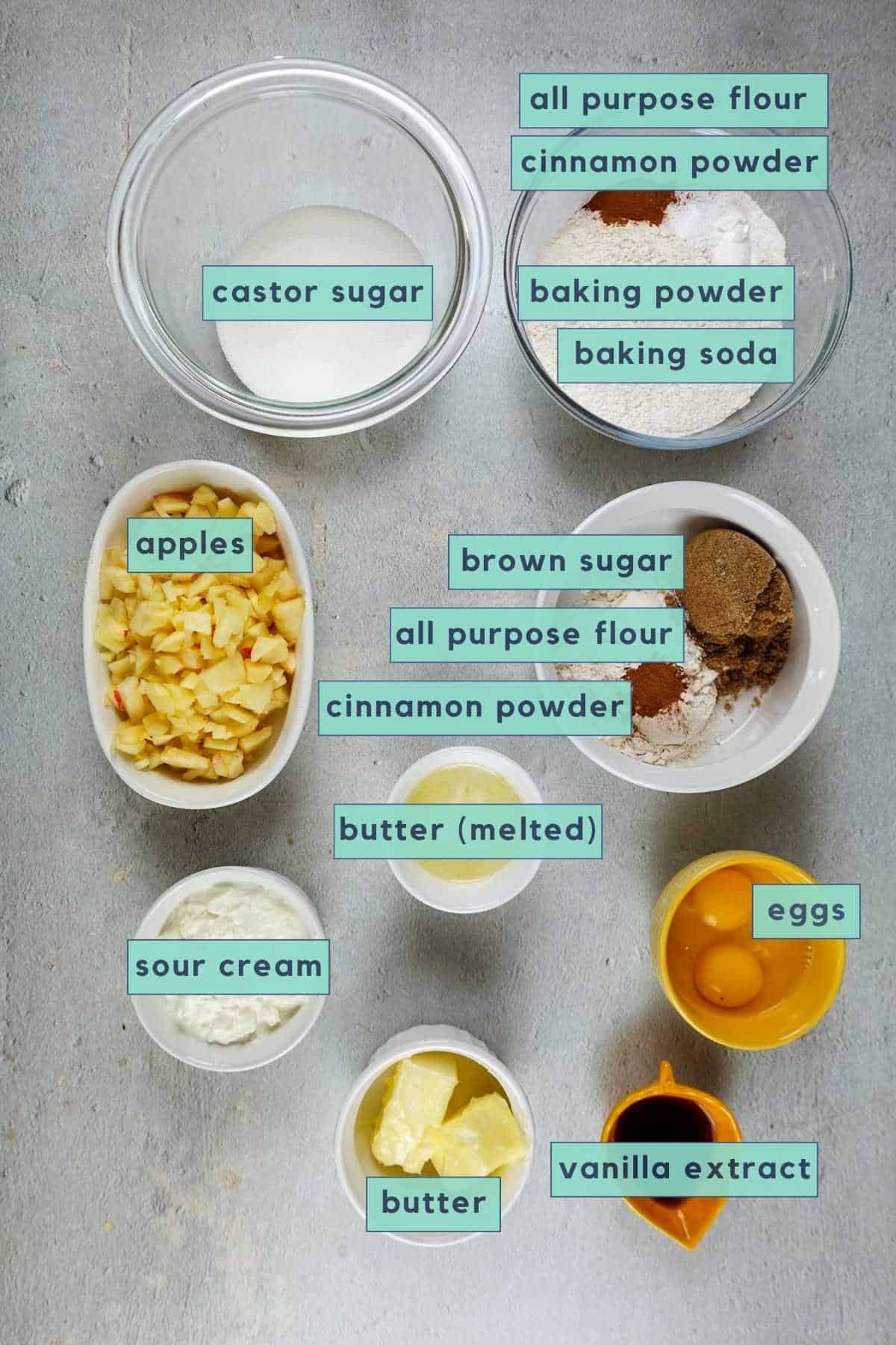 Ingredients for apple cinnamon muffins.
