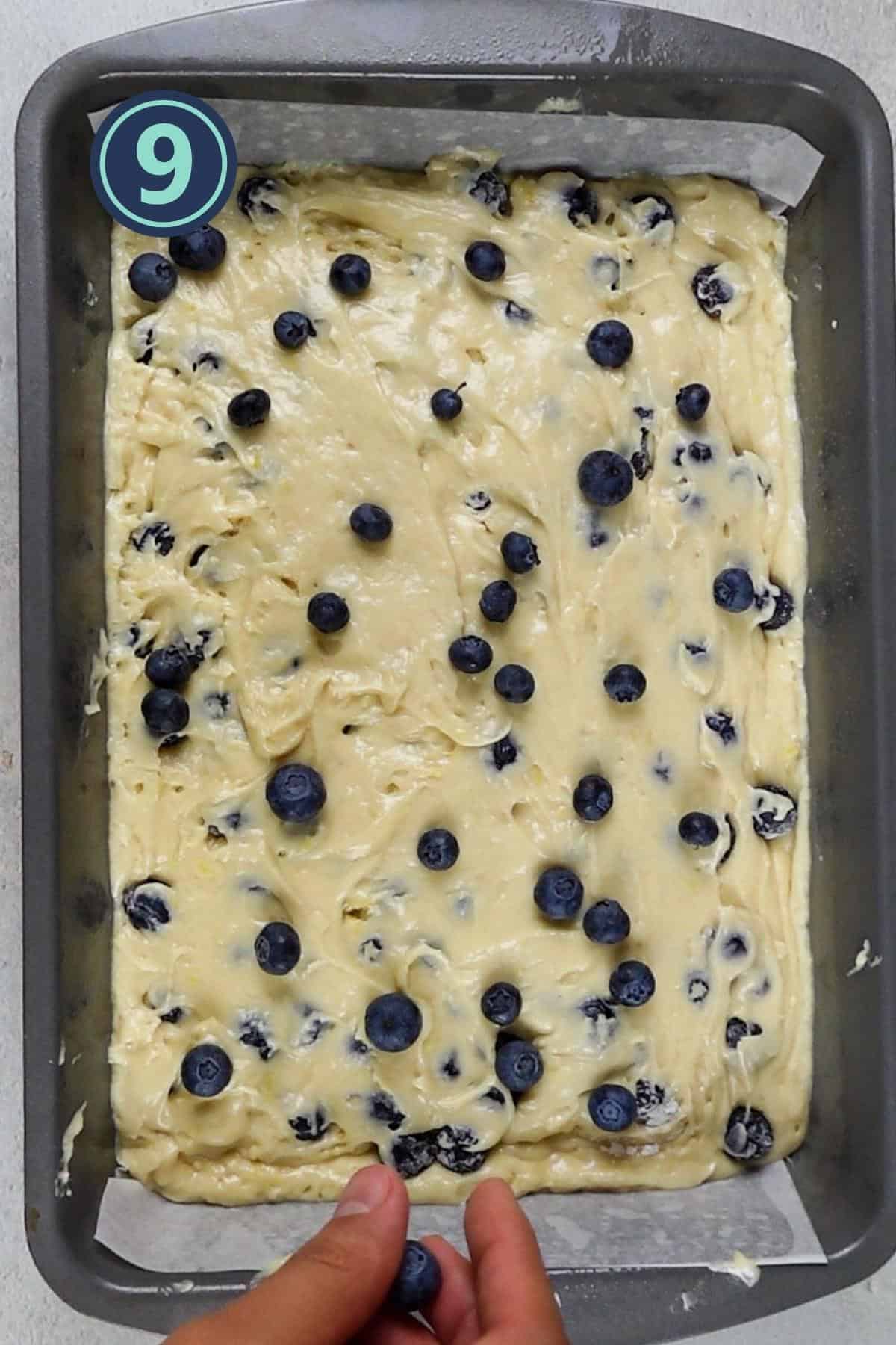 sprinkling blueberries on the top of the cake batter.